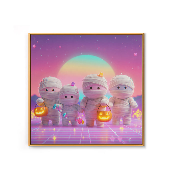 The Shy Little Mummy, Retro Neon Halloween Art, Square Wall Art, Canvas Print, Retro Halloween Decor, Neon Wall Art, Seasonal Home Decor