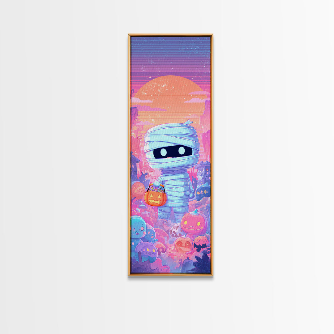 The Shy Little Mummy, Synthwave Halloween Art, Tall Narrow Wall Art, Canvas Print, Retro Halloween Decor, Neon Wall Art