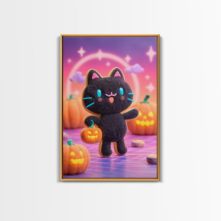 The Black Cat Baker, Cute Spooky Neon Art, Vertical Wall Art, Canvas Print, Retro Halloween Decor, Neon Wall Art, Horror Wall Art