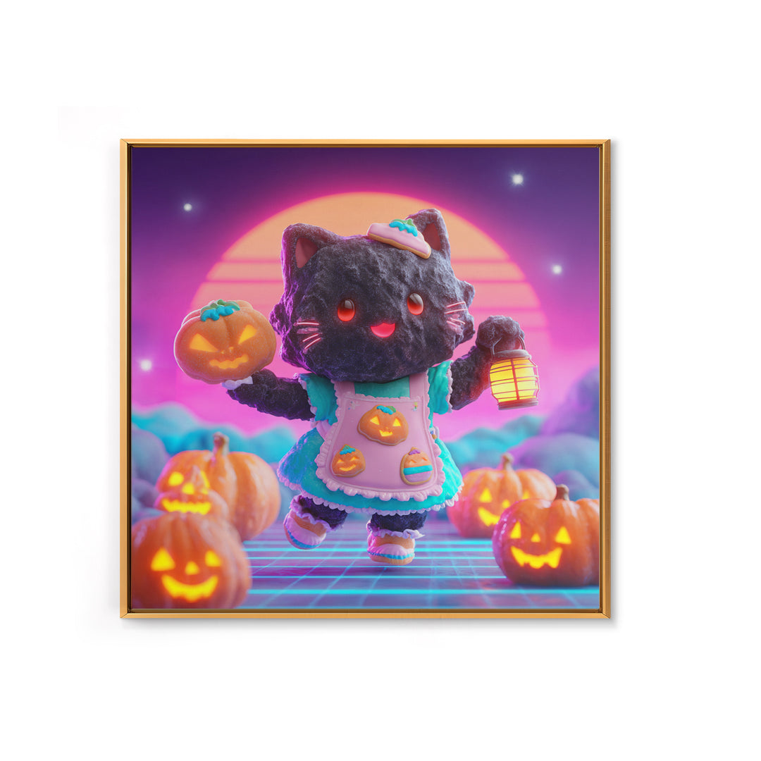 The Black Cat Baker, Vaporwave Halloween Decor, Square Wall Art, Framed Canvas Print, Retro Halloween Decor, Neon Wall Art, Horror Wall Art