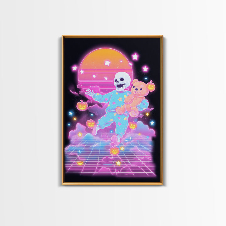 The Pajama Skeleton, Synthwave Halloween Art, Vertical Wall Art, Framed Canvas Print, Retro Halloween Decor, Neon Wall Art