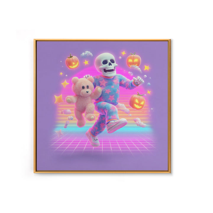 The Pajama Skeleton, Synthwave Halloween Art, Square Wall Art, Canvas Print, Retro Halloween Decor, Neon Wall Art, Spooky Wall Decor