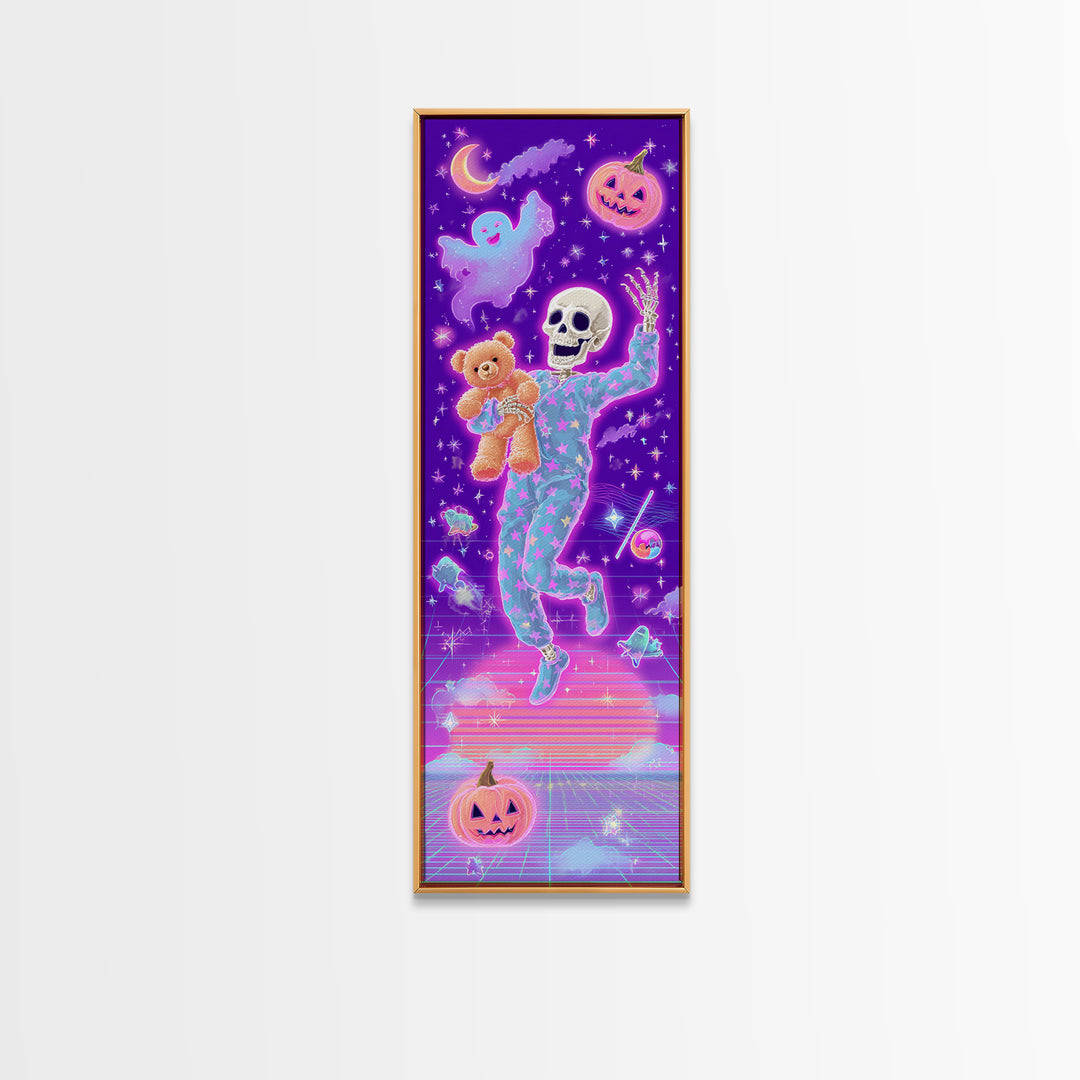 The Pajama Skeleton, Vaporwave Halloween Decor, Tall Narrow Wall Art, Framed Canvas Print, Retro Halloween Decor, Neon Wall Art