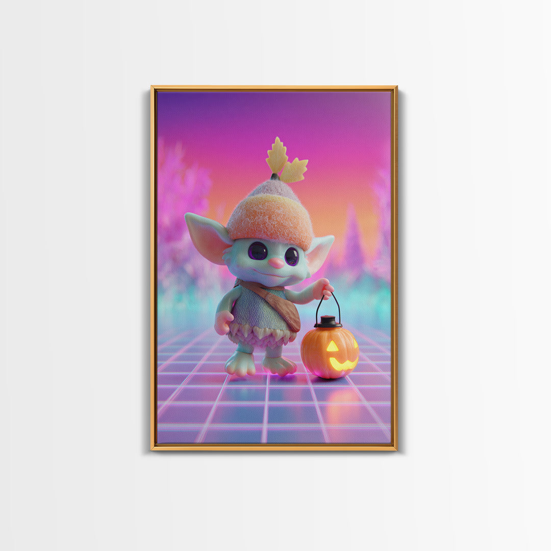 The Acorn Goblin, Cute Spooky Neon Art, Vertical Wall Art, Framed Canvas Print, Retro Halloween Decor, Neon Wall Art, Spooky Wall Decor