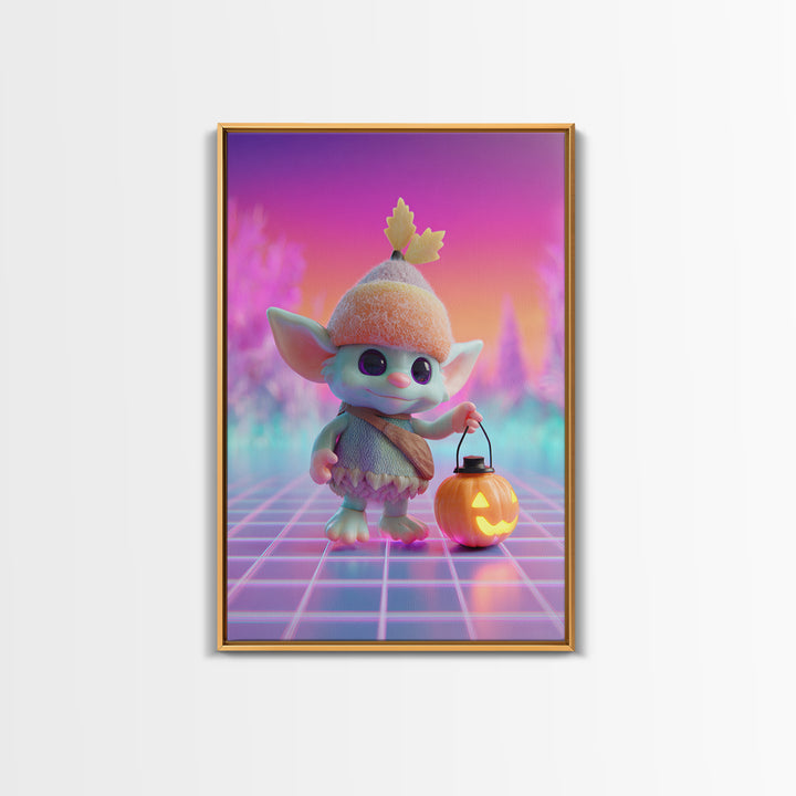 The Acorn Goblin, Cute Spooky Neon Art, Vertical Wall Art, Framed Canvas Print, Retro Halloween Decor, Neon Wall Art, Spooky Wall Decor