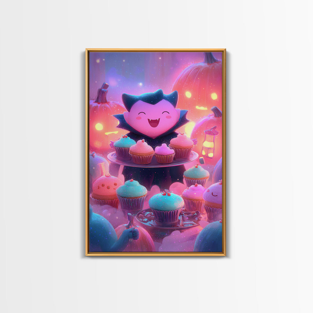 The Cupcake Vampire, Vaporwave Halloween Decor, Vertical Wall Art, Framed Canvas Print, Retro Halloween Decor, Neon Wall Art