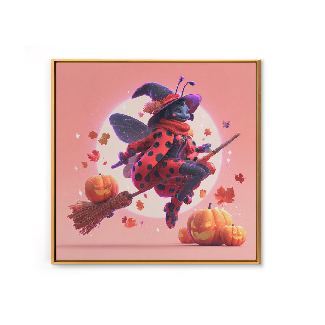 The Ladybug Witch, Retro Neon Halloween Art, Square Wall Art, Canvas Print, Retro Halloween Decor, Neon Wall Art, Halloween Wall Art