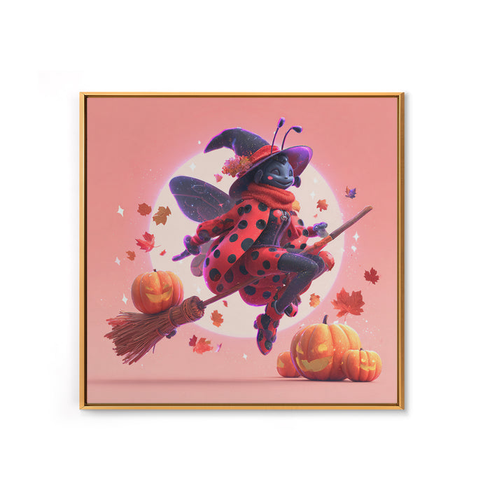The Ladybug Witch, Retro Neon Halloween Art, Square Wall Art, Canvas Print, Retro Halloween Decor, Neon Wall Art, Halloween Wall Art