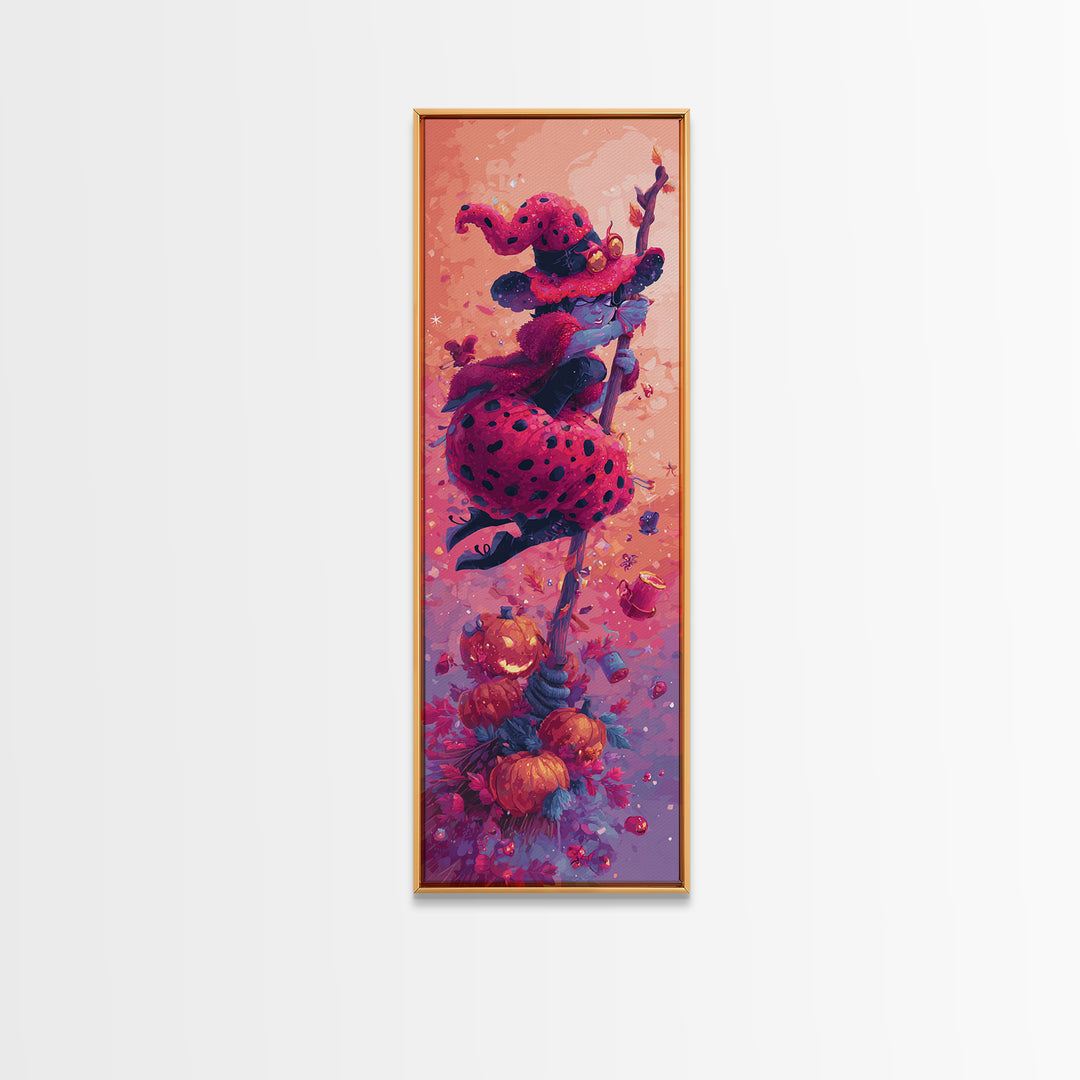 The Ladybug Witch, Retro Neon Halloween Art, Tall Narrow Wall Art, Canvas Print, Retro Halloween Decor, Neon Wall Art, Statement Wall Art
