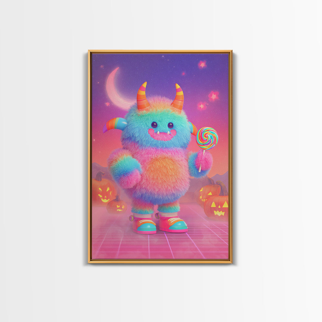 The Rainbow Monster, Vaporwave Halloween Decor, Vertical Wall Art, Canvas Print, Retro Halloween Decor, Neon Wall Art, Dark Fantasy Art