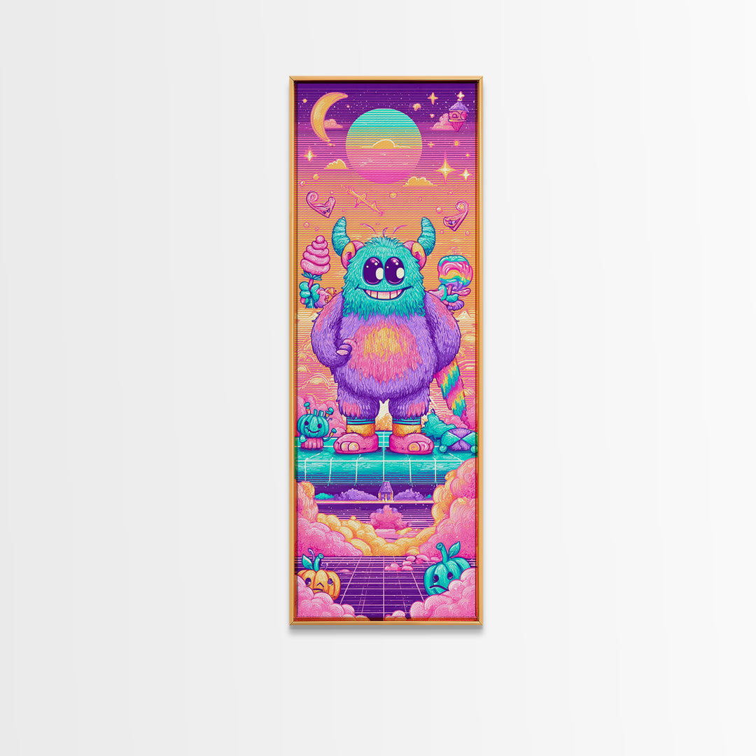 The Rainbow Monster, Synthwave Halloween Art, Tall Narrow Wall Art, Canvas Print, Retro Halloween Decor, Neon Wall Art, Horror Wall Art