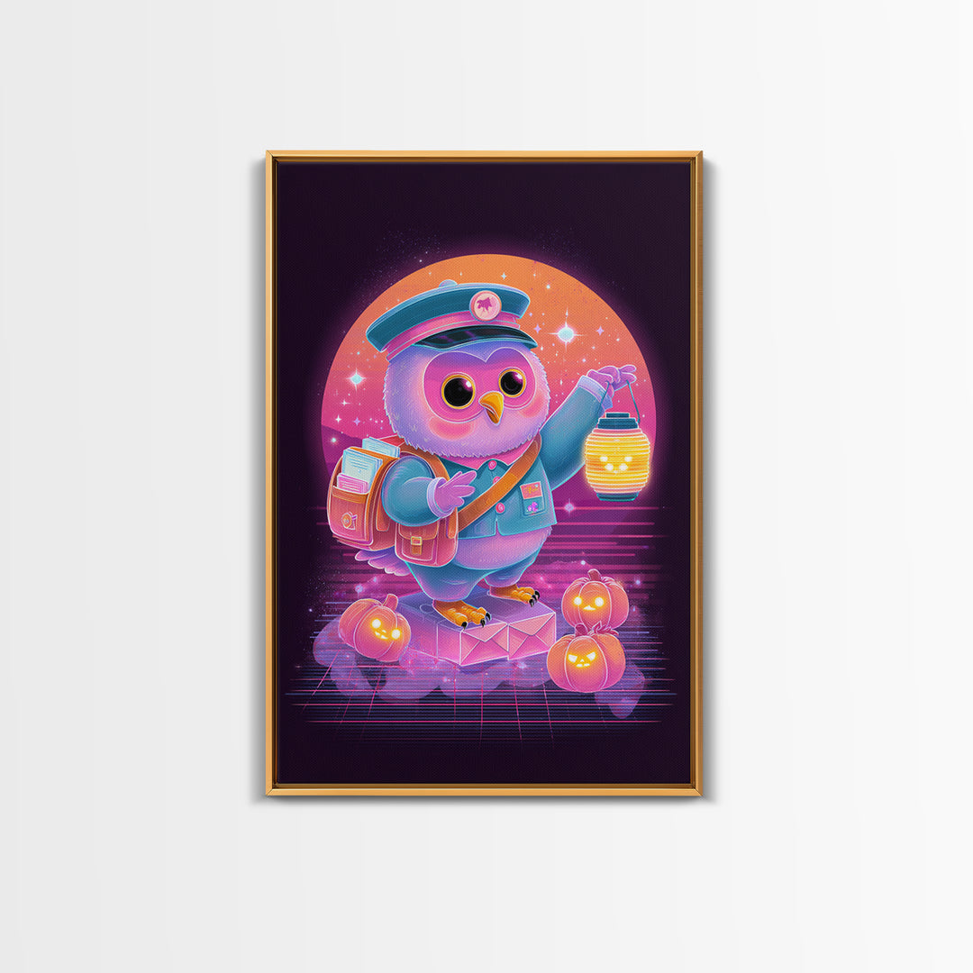 The Owl Postmaster, Cute Spooky Neon Art, Vertical Wall Art, Framed Canvas Print, Retro Halloween Decor, Neon Wall Art, Halloween Wall Art