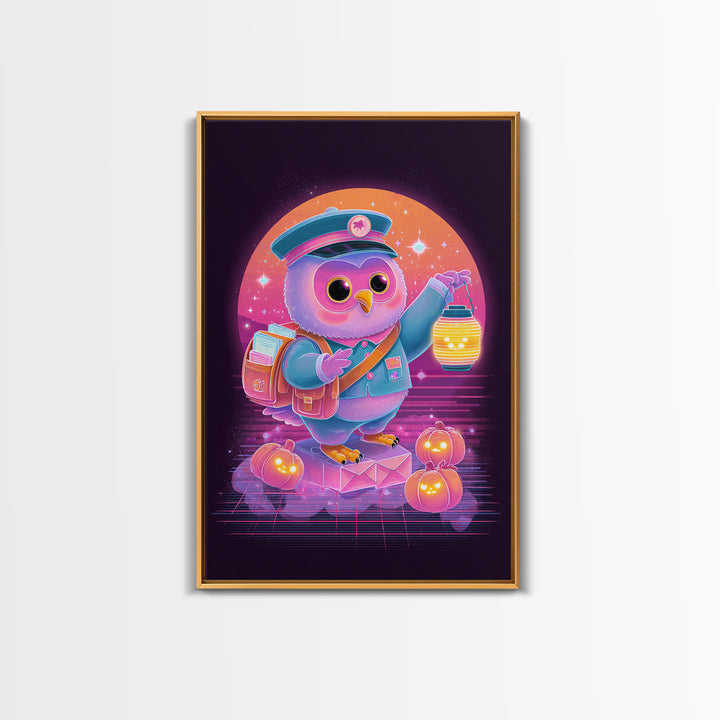 The Owl Postmaster, Cute Spooky Neon Art, Vertical Wall Art, Framed Canvas Print, Retro Halloween Decor, Neon Wall Art, Halloween Wall Art