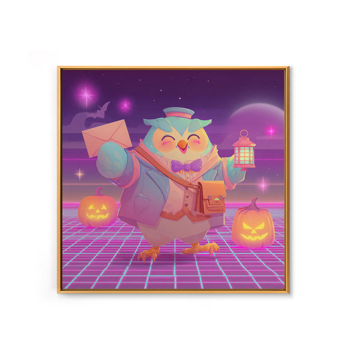 The Owl Postmaster, Retro Neon Halloween Art, Square Wall Art, Framed Canvas Print, Retro Halloween Decor, Neon Wall Art, Halloween Wall Art