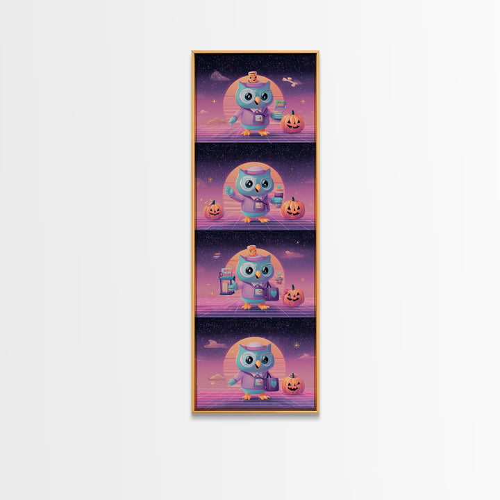 The Owl Postmaster, Vaporwave Halloween Decor, Tall Narrow Wall Art, Framed Canvas Print, Retro Halloween Decor, Neon Wall Art