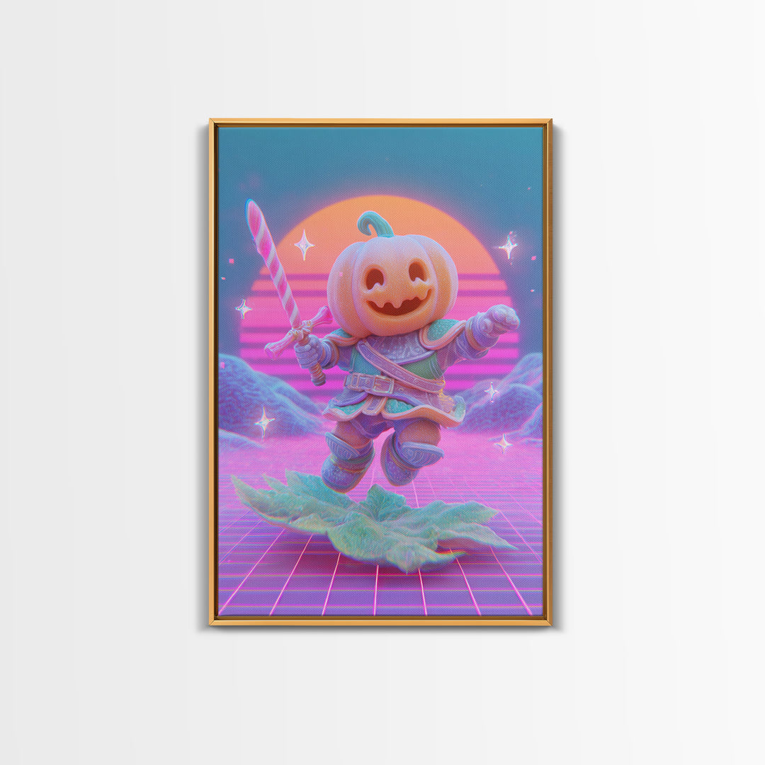 The Pumpkin Knight, 80s Halloween Wall Art, Vertical Wall Art, Framed Canvas Print, Retro Halloween Decor, Neon Wall Art, Horror Wall Art