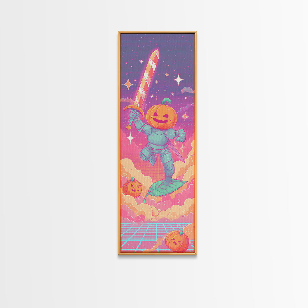 The Pumpkin Knight, Cute Spooky Neon Art, Tall Narrow Wall Art, Canvas Print, Retro Halloween Decor, Neon Wall Art, Dark Fantasy Art