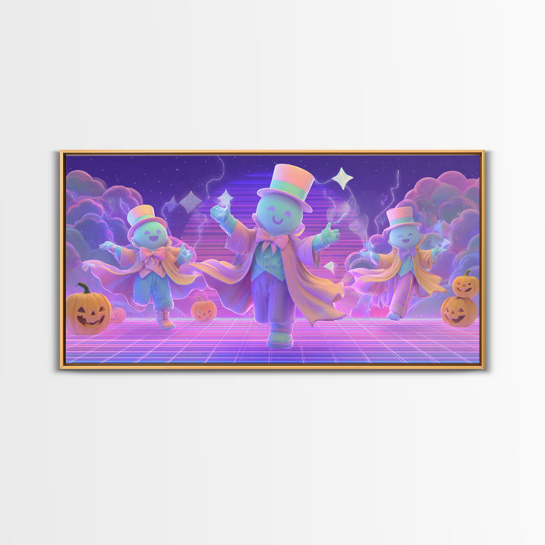The Star-Cape Magician, Synthwave Halloween Art, Wide Panoramic Art, Framed Canvas Print, Retro Halloween Decor, Neon Wall Art