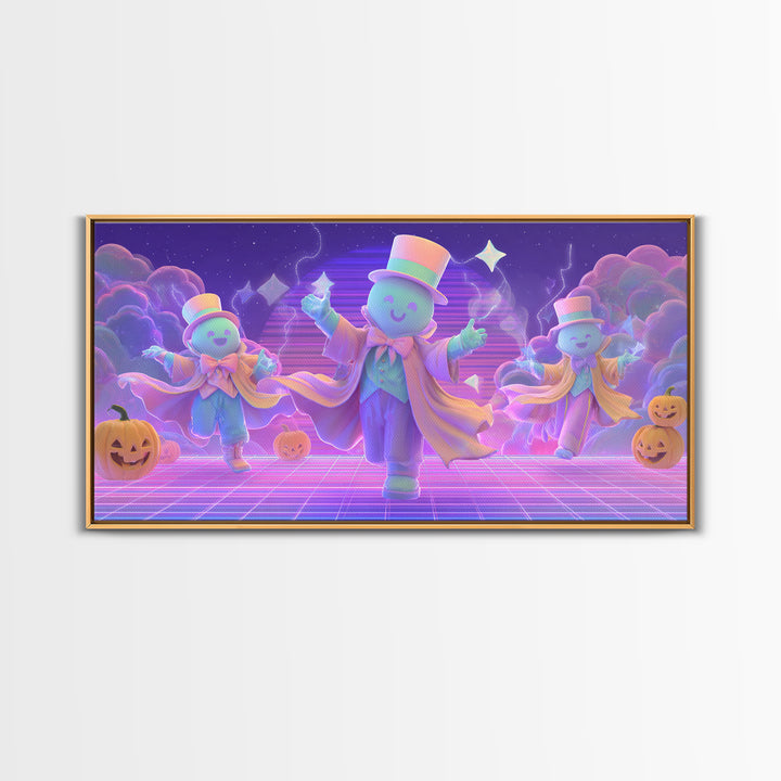 The Star-Cape Magician, Synthwave Halloween Art, Wide Panoramic Art, Framed Canvas Print, Retro Halloween Decor, Neon Wall Art