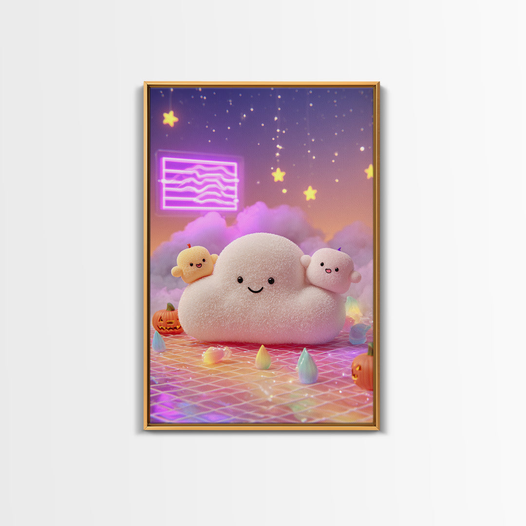 The Cloud Ghost, Retro Neon Halloween Art, Vertical Wall Art, Canvas Print, Retro Halloween Decor, Neon Wall Art, Seasonal Home Decor