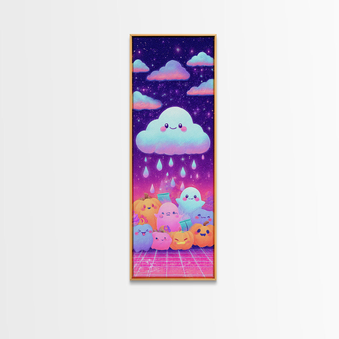 The Cloud Ghost, Synthwave Halloween Art, Tall Narrow Wall Art, Framed Canvas Print, Retro Halloween Decor, Neon Wall Art