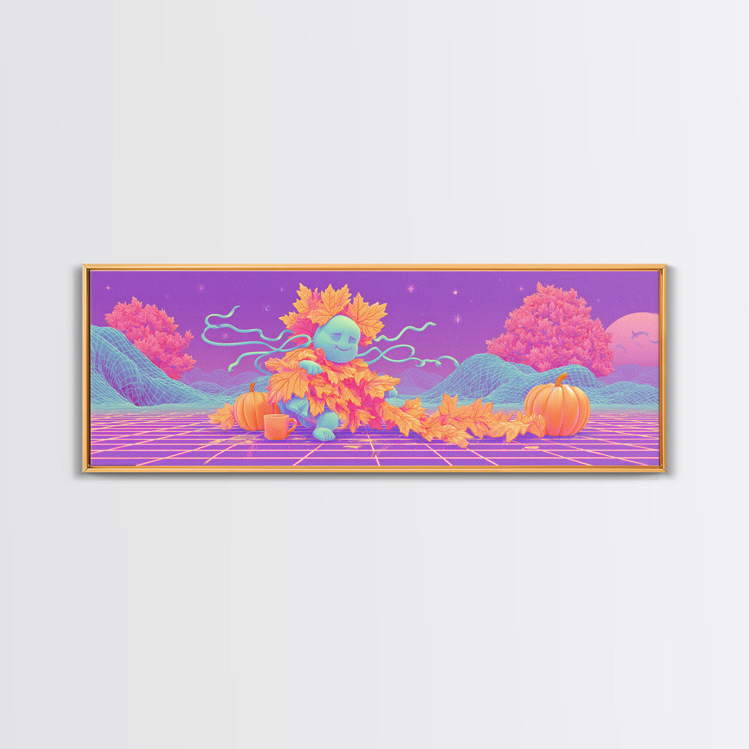 The Autumn Leaf Sprite, Retro Neon Halloween Art, Extra Wide Wall Art, Framed Canvas Print, Retro Halloween Decor, Neon Wall Art