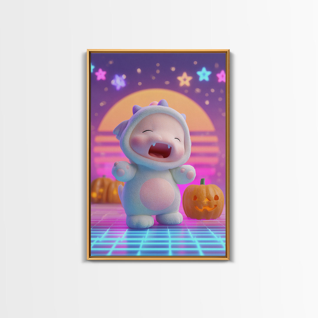 The Sleepy Costume Dragon, Synthwave Halloween Art, Vertical Wall Art, Canvas Print, Retro Halloween Decor, Neon Wall Art, Gothic Home Decor