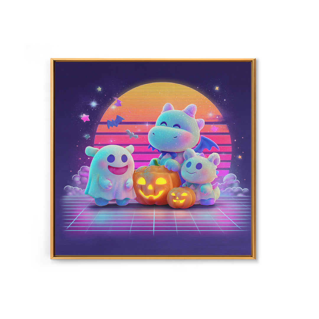 The Sleepy Costume Dragon, Vaporwave Halloween Decor, Square Wall Art, Canvas Print, Retro Halloween Decor, Neon Wall Art
