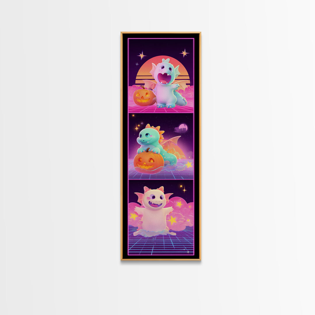 The Sleepy Costume Dragon, Synthwave Halloween Art, Tall Narrow Wall Art, Canvas Print, Retro Halloween Decor, Neon Wall Art