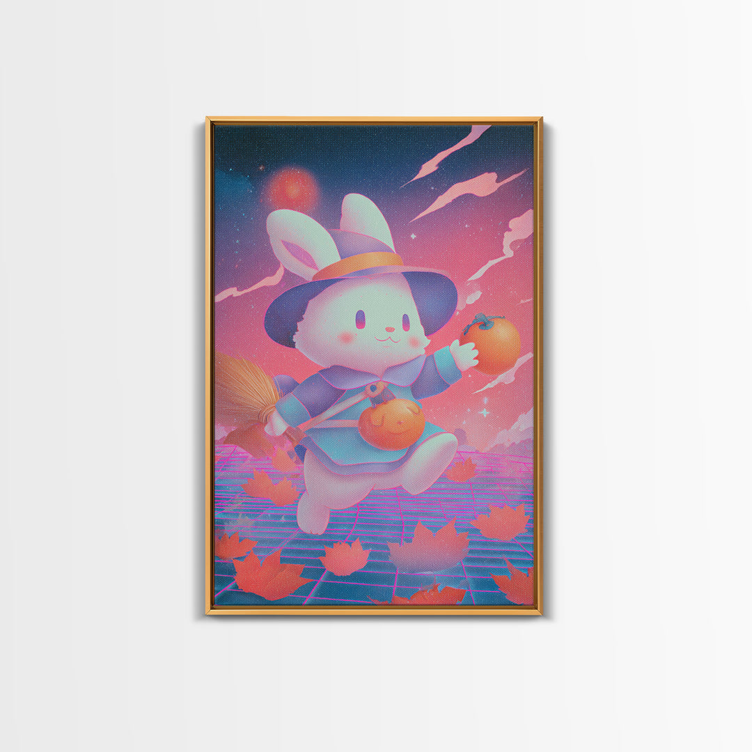 The Bunny Witch, Retro Neon Halloween Art, Vertical Wall Art, Canvas Print, Retro Halloween Decor, Neon Wall Art, Collectible Wall Decor