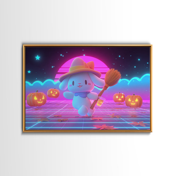 The Bunny Witch, Retro Neon Halloween Art, Landscape Wall Art, Framed Canvas Print, Retro Halloween Decor, Neon Wall Art