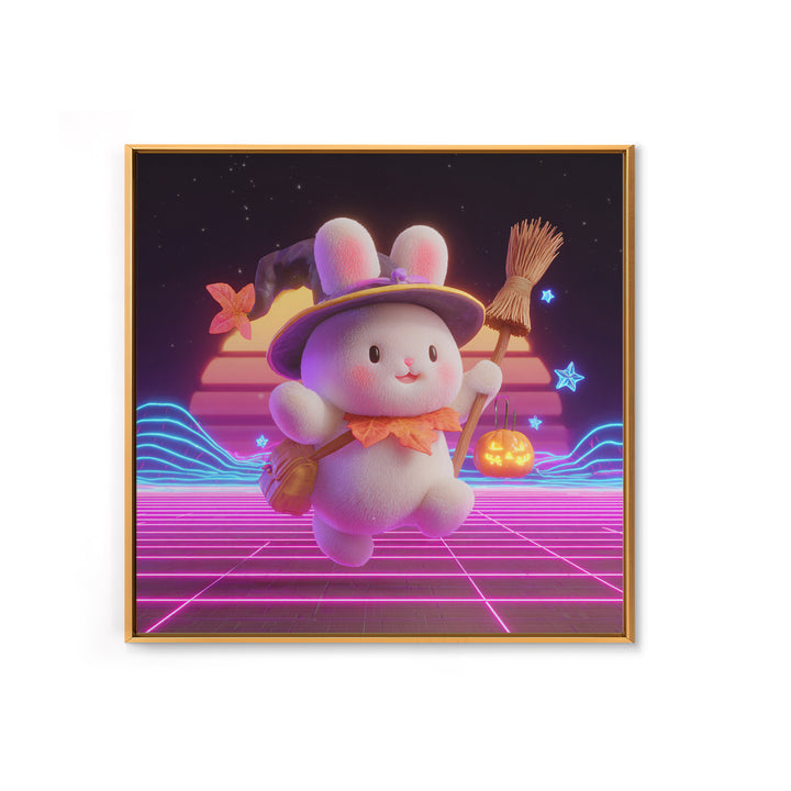 The Bunny Witch, Retro Neon Halloween Art, Square Wall Art, Framed Canvas Print, Retro Halloween Decor, Neon Wall Art