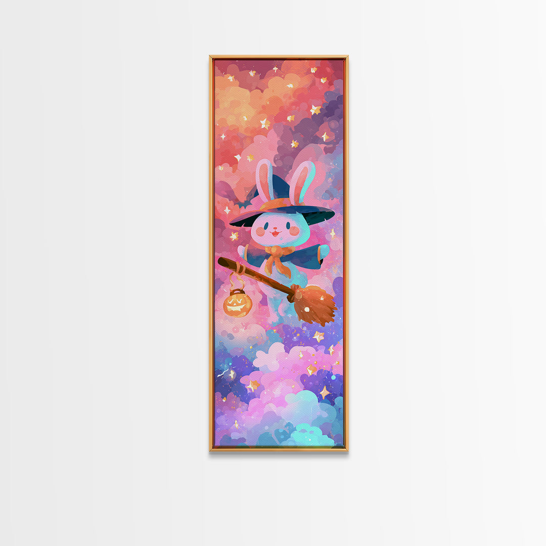 The Bunny Witch, Retro Neon Halloween Art, Tall Narrow Wall Art, Framed Canvas Print, Retro Halloween Decor, Neon Wall Art, Horror Wall Art