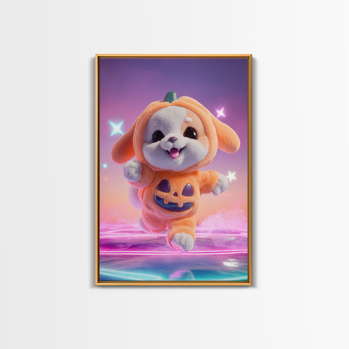 The Pumpkin Puppy, 80s Halloween Wall Art, Vertical Wall Art, Framed Canvas Print, Retro Halloween Decor, Neon Wall Art, Dark Fantasy Art