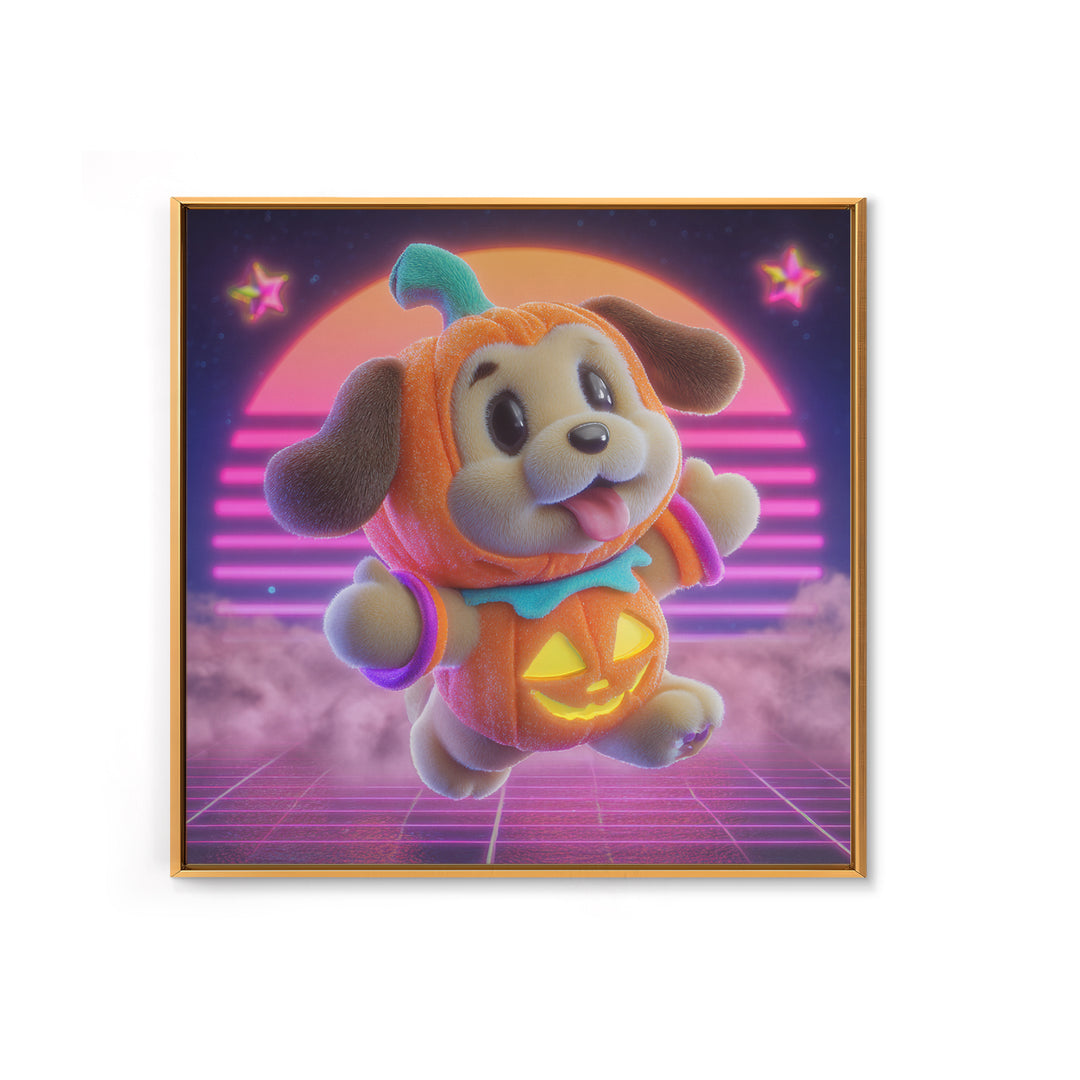 The Pumpkin Puppy, 80s Halloween Wall Art, Square Wall Art, Canvas Print, Retro Halloween Decor, Neon Wall Art, Collectible Wall Decor