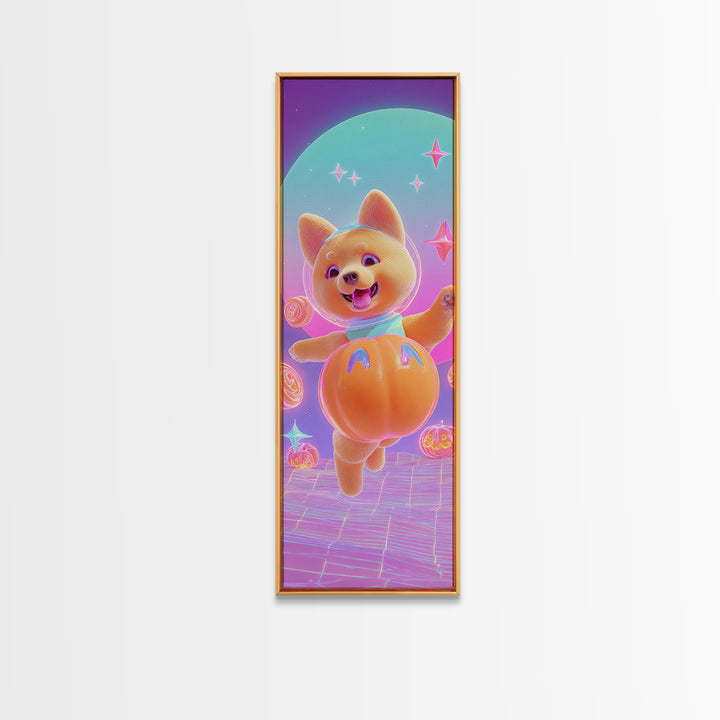 The Pumpkin Puppy, Retro Neon Halloween Art, Tall Narrow Wall Art, Canvas Print, Retro Halloween Decor, Neon Wall Art