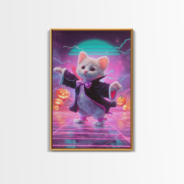 The Kitten Vampire, Cute Spooky Neon Art, Vertical Wall Art, Canvas Print, Retro Halloween Decor, Neon Wall Art, Horror Wall Art