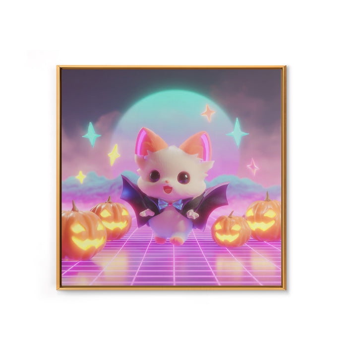 The Kitten Vampire, Vaporwave Halloween Decor, Square Wall Art, Canvas Print, Retro Halloween Decor, Neon Wall Art, Collectible Wall Decor