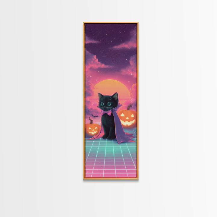 The Kitten Vampire, 80s Halloween Wall Art, Tall Narrow Wall Art, Framed Canvas Print, Retro Halloween Decor, Neon Wall Art