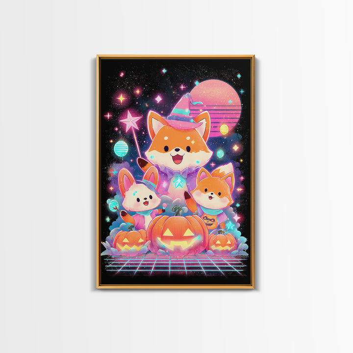 The Fox Wizard, Cute Spooky Neon Art, Vertical Wall Art, Framed Canvas Print, Retro Halloween Decor, Neon Wall Art, Horror Wall Art