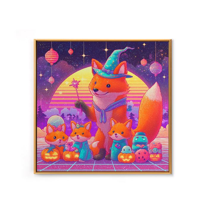 The Fox Wizard, 80s Halloween Wall Art, Square Wall Art, Framed Canvas Print, Retro Halloween Decor, Neon Wall Art, Gothic Home Decor