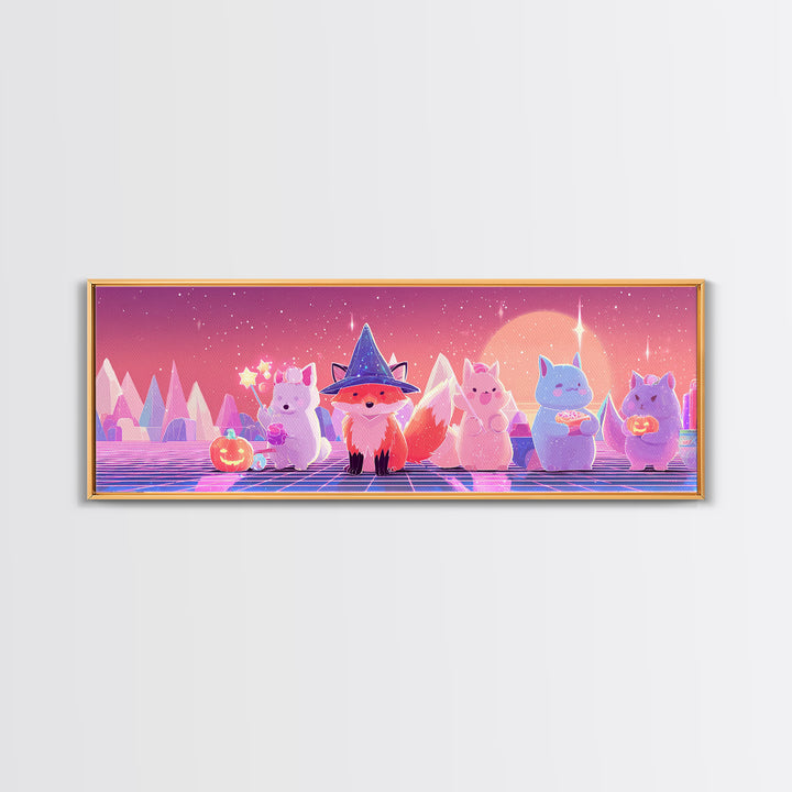 The Fox Wizard, Synthwave Halloween Art, Extra Wide Wall Art, Framed Canvas Print, Retro Halloween Decor, Neon Wall Art, Gothic Home Decor