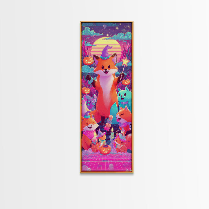 The Fox Wizard, 80s Halloween Wall Art, Tall Narrow Wall Art, Canvas Print, Retro Halloween Decor, Neon Wall Art, Dark Fantasy Art