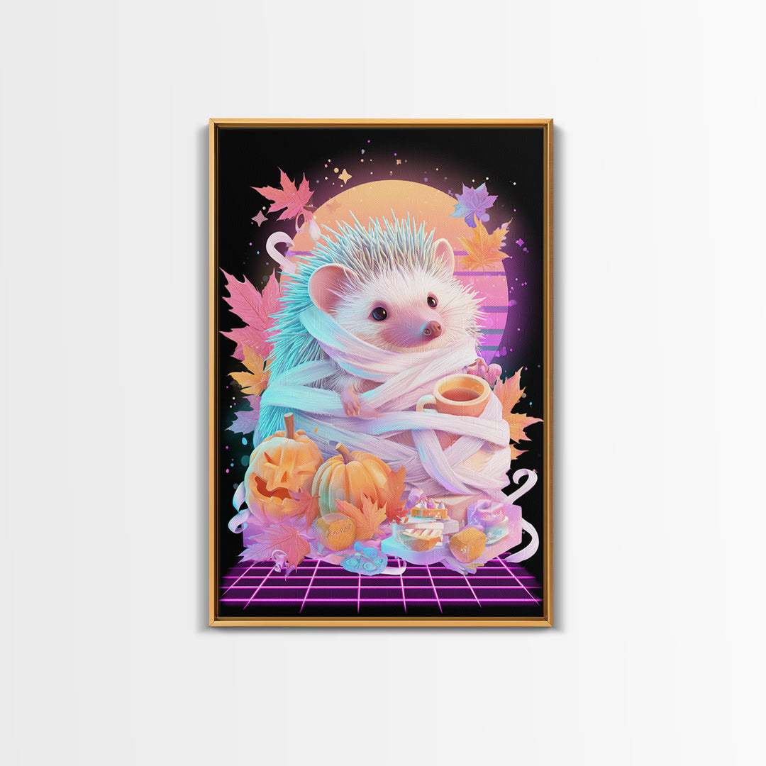 The Hedgehog Mummy, Retro Neon Halloween Art, Vertical Wall Art, Canvas Print, Retro Halloween Decor, Neon Wall Art, Macabre Wall Art