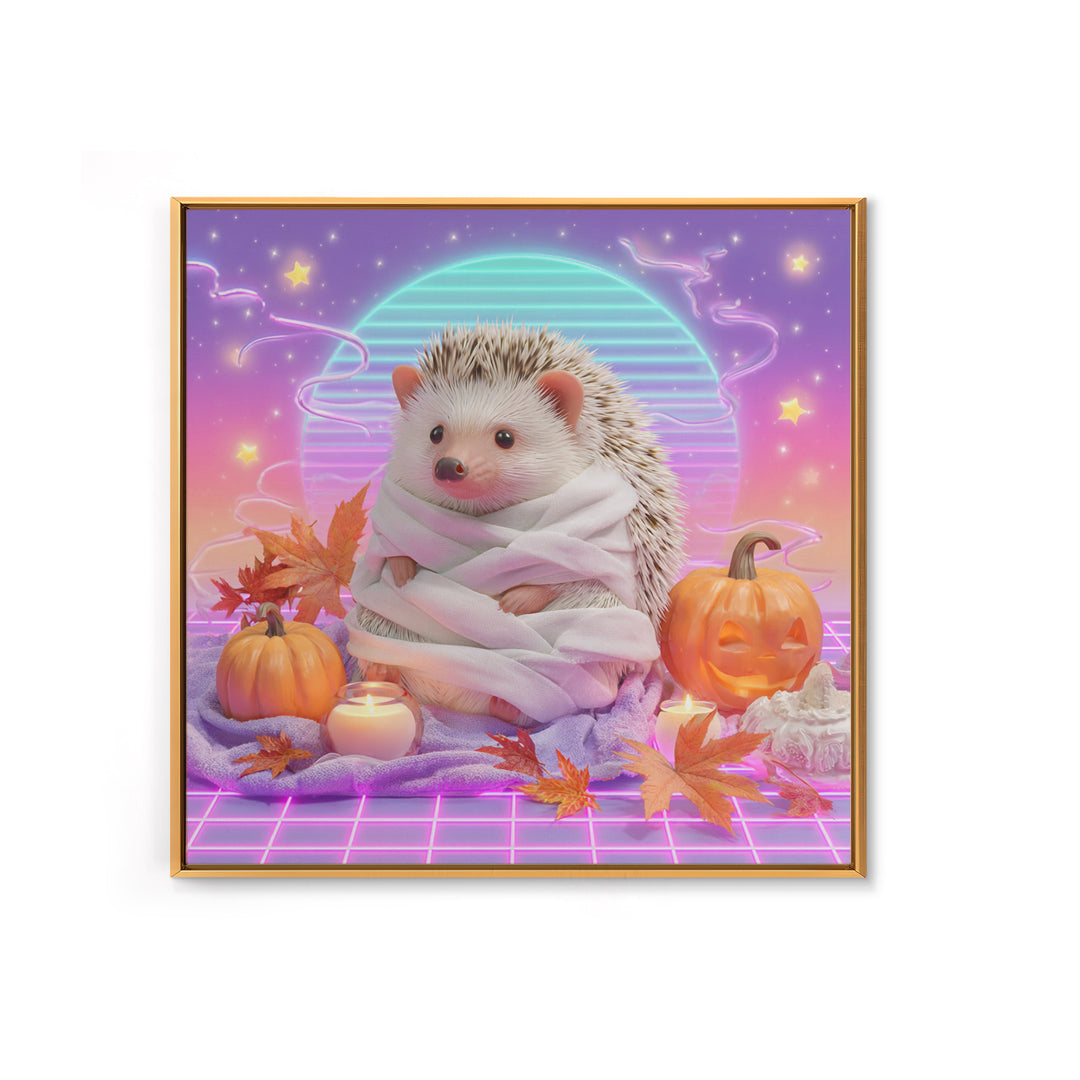 The Hedgehog Mummy, Retro Neon Halloween Art, Square Wall Art, Framed Canvas Print, Retro Halloween Decor, Neon Wall Art