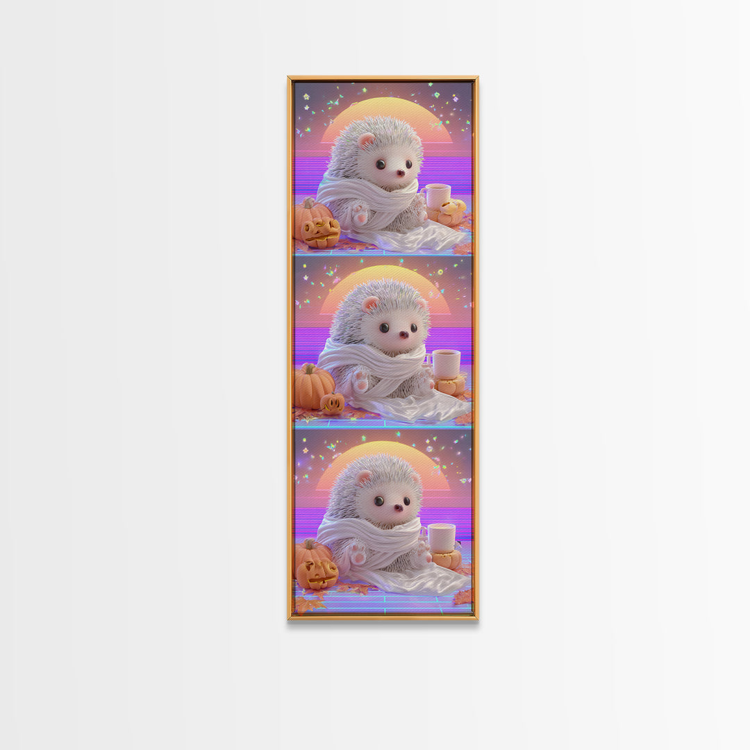 The Hedgehog Mummy, 80s Halloween Wall Art, Tall Narrow Wall Art, Framed Canvas Print, Retro Halloween Decor, Neon Wall Art