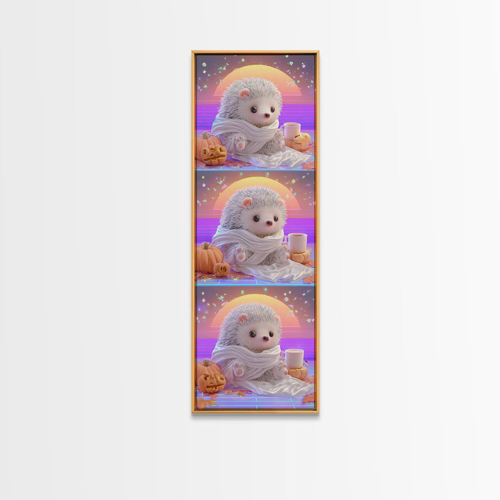 The Hedgehog Mummy, 80s Halloween Wall Art, Tall Narrow Wall Art, Framed Canvas Print, Retro Halloween Decor, Neon Wall Art