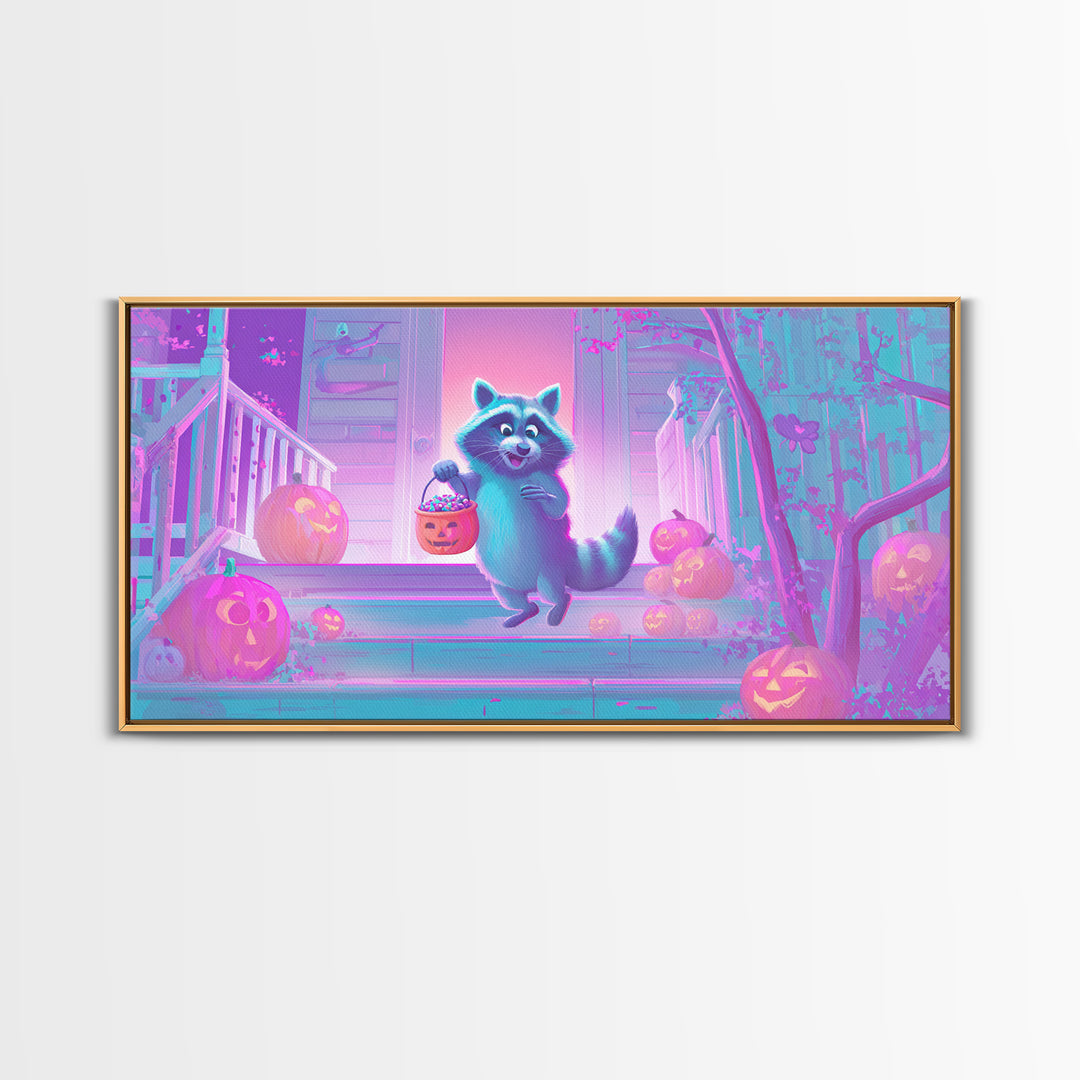 The Raccoon Trick-Or-Treater, Cute Spooky Neon Art, Wide Panoramic Art, Canvas Print, Retro Halloween Decor, Neon Wall Art