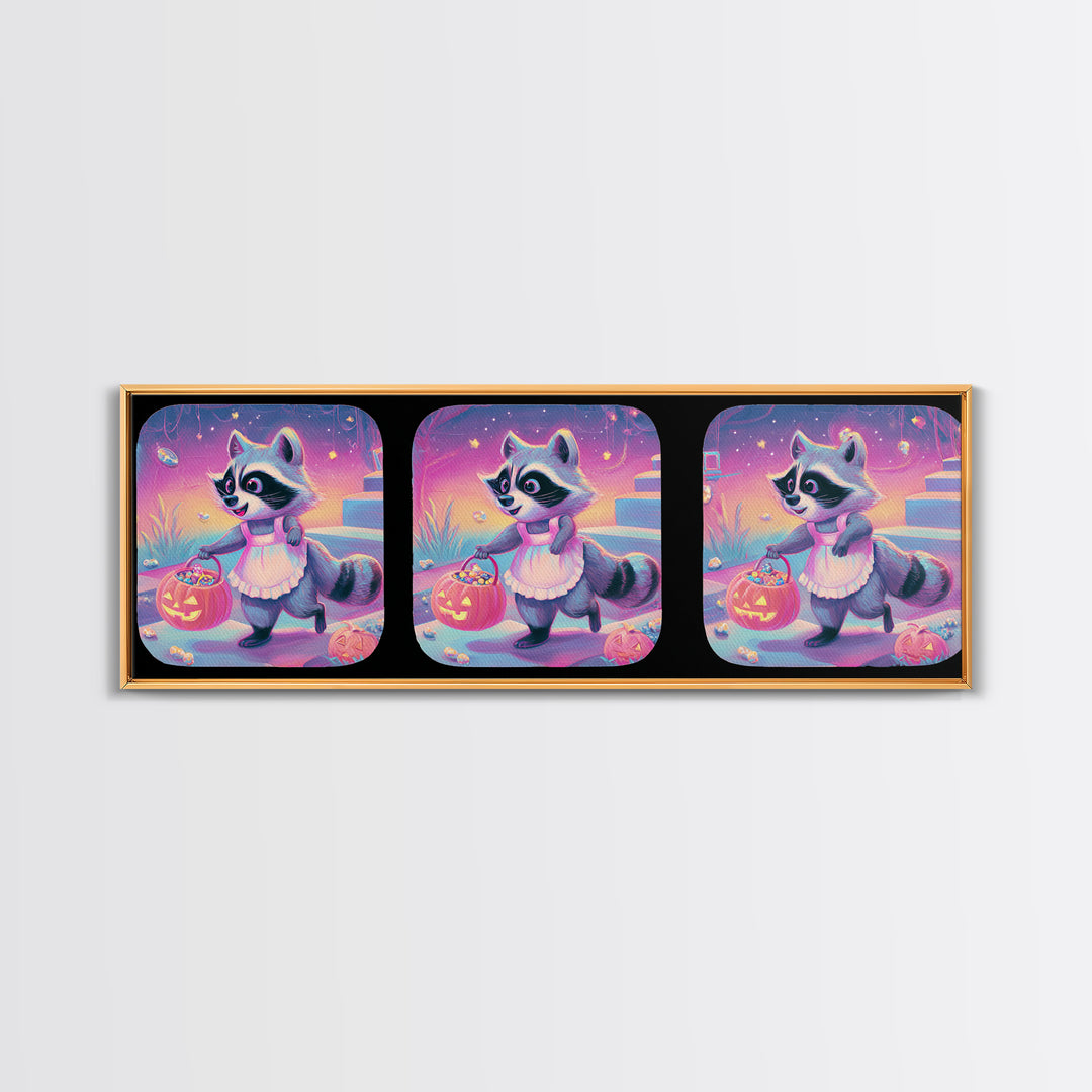 The Raccoon Trick-Or-Treater, Retro Neon Halloween Art, Extra Wide Wall Art, Framed Canvas Print, Retro Halloween Decor, Neon Wall Art