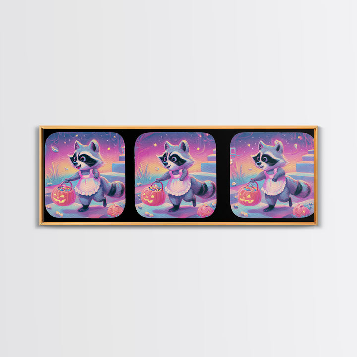 The Raccoon Trick-Or-Treater, Retro Neon Halloween Art, Extra Wide Wall Art, Framed Canvas Print, Retro Halloween Decor, Neon Wall Art